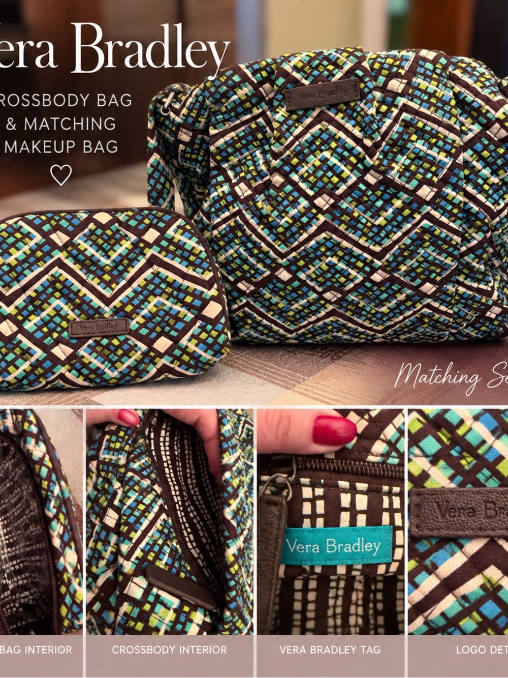 Vera Bradley Quilted Rain Forest  Crossbody with Matching Cosmetic Pouch